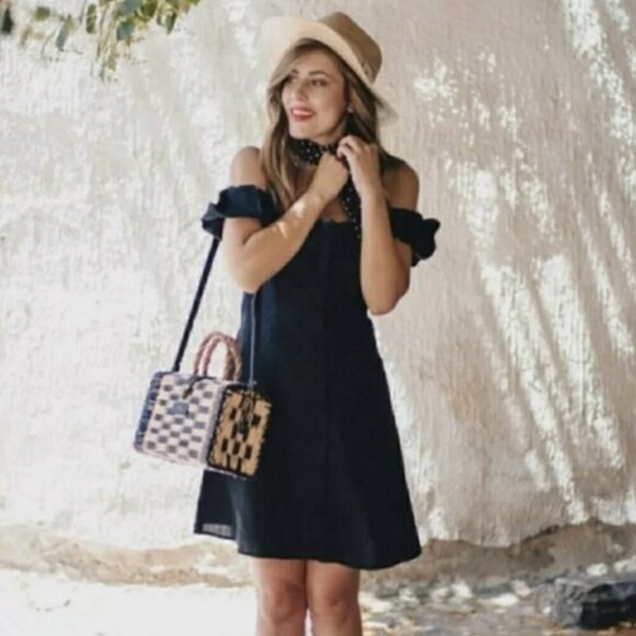 Zara Linen Off Shoulder Button Up Mini Puff Sleeve Dress Black Size XS - Picture 2 of 9